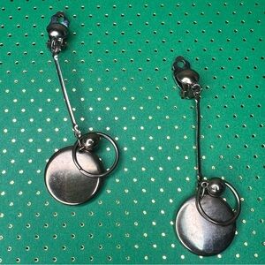 Vintage 80's Brass Clip-On Dangle Earrings • Long Kinetic Trembler Drop w disk